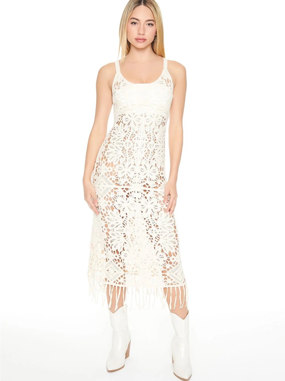 CROCHET FRINGE MIDI DRESS XS